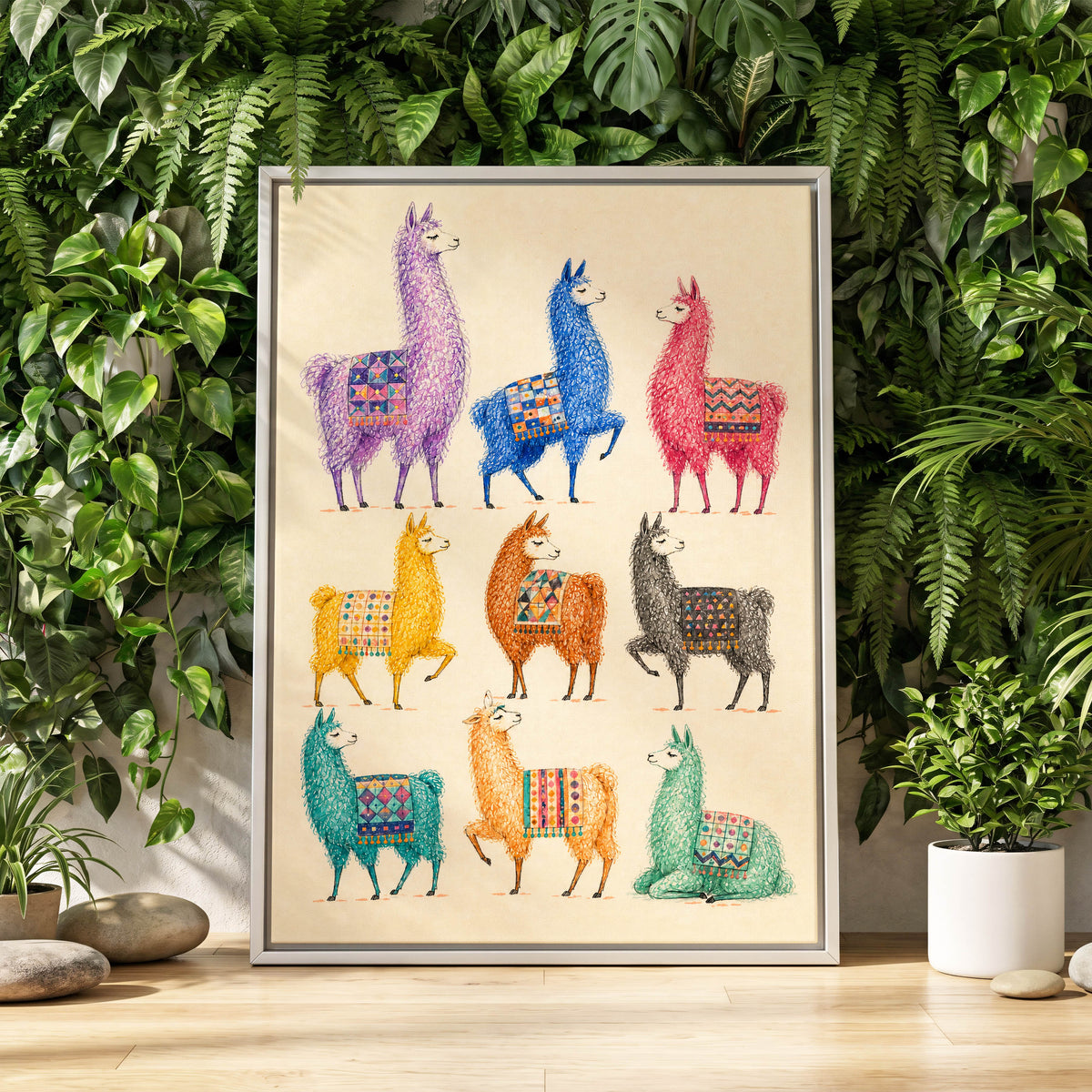 Llama Colour Parade, multicolor, beige, purple nature wall art displayed in a styled interior, gallery view 8