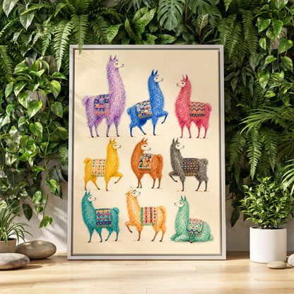 Llama Colour Parade, multicolor, beige, purple nature wall art displayed in a styled interior, gallery view 8
