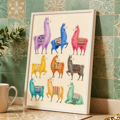 Llama Colour Parade, multicolor, beige, purple nature wall art displayed in a styled interior, gallery view 9