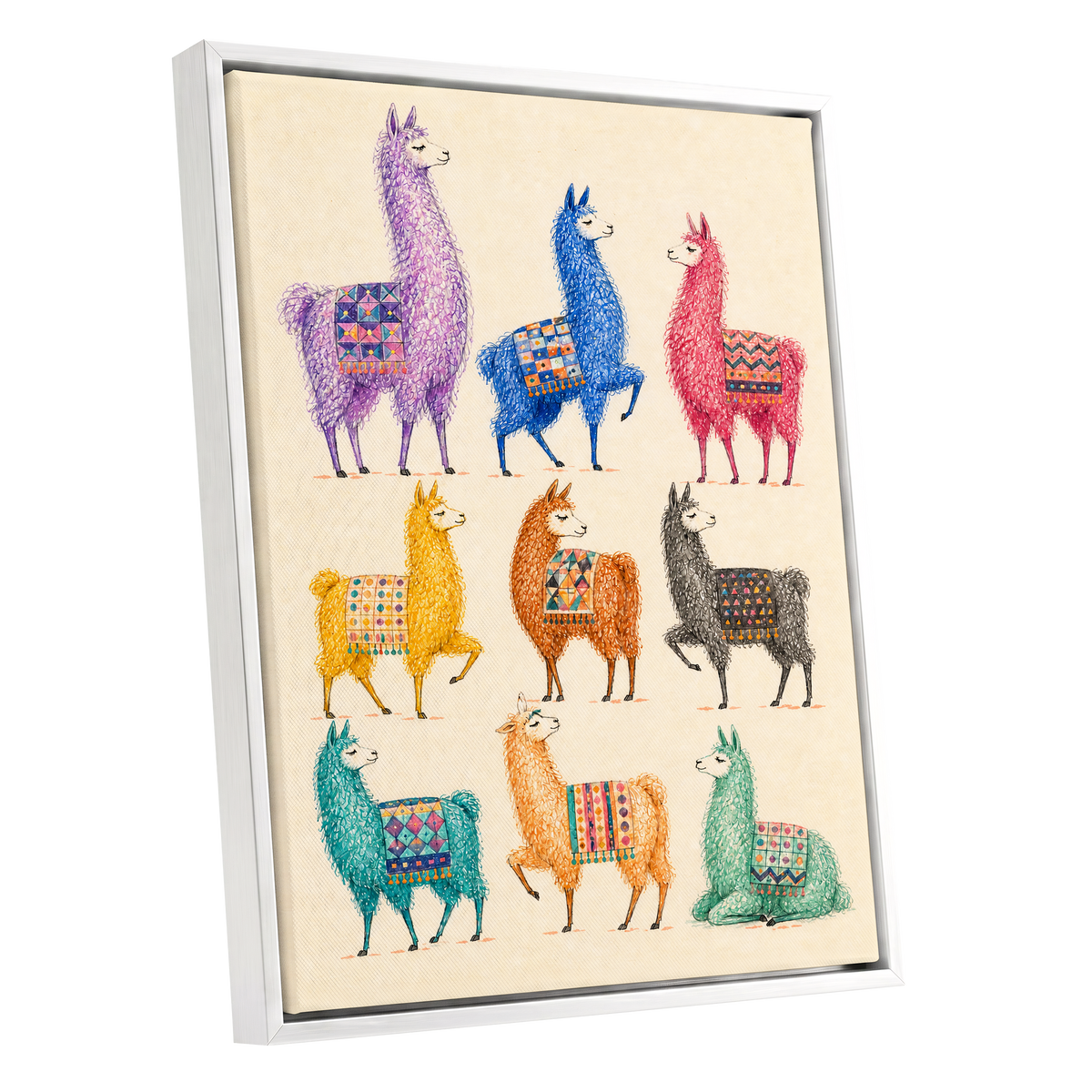 Llama Colour Parade, multicolor, beige, purple nature wall art shown as a white framed canvas wall art