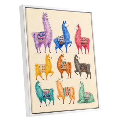 Llama Colour Parade, multicolor, beige, purple nature wall art shown as a white framed canvas wall art