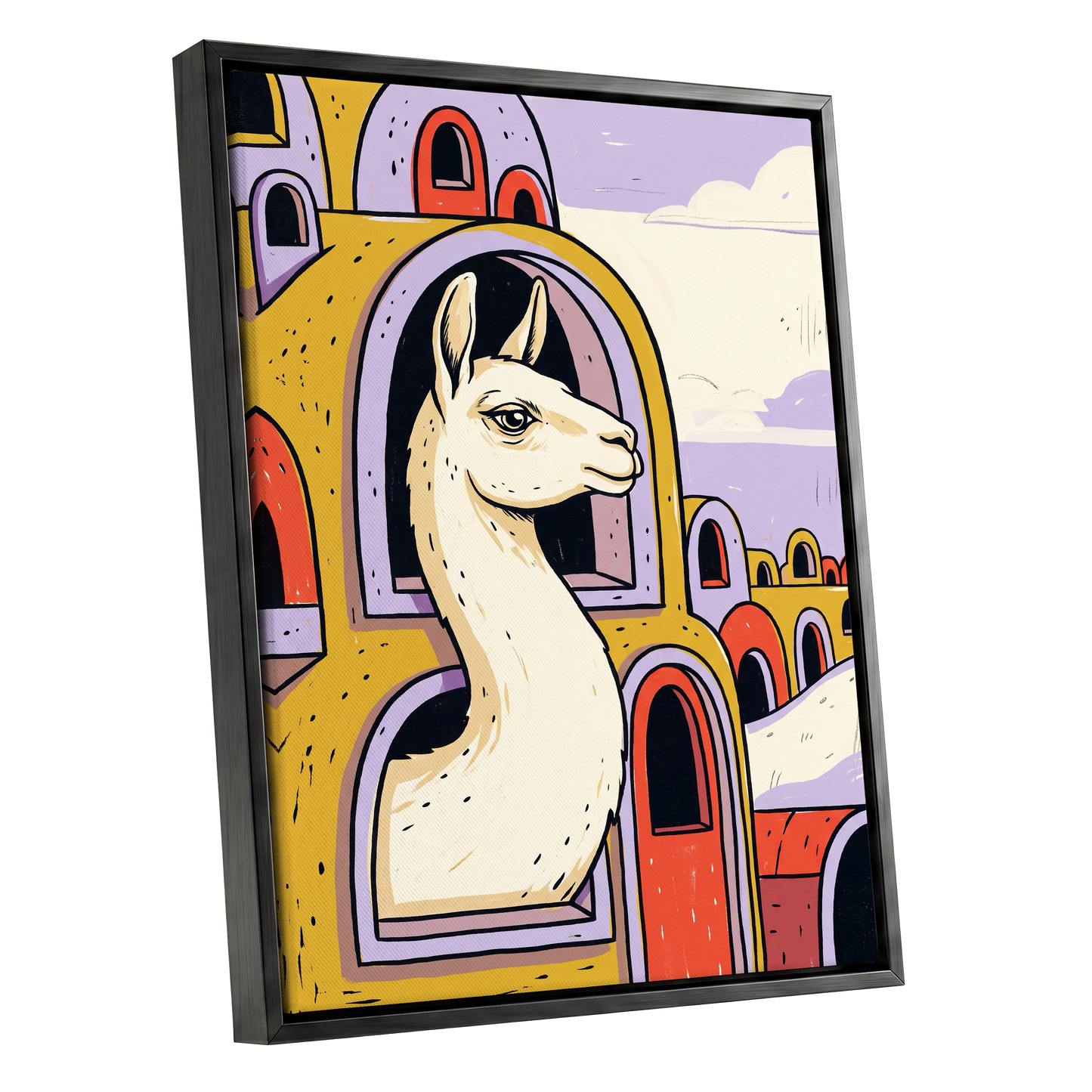 Llama in Lavender, gold, purple, beige nature wall art shown as a black framed canvas wall art