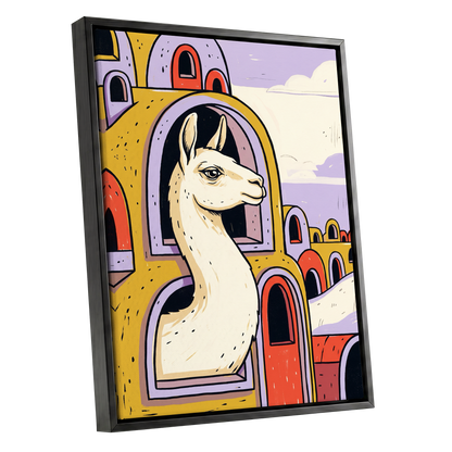 Llama in Lavender, gold, purple, beige nature wall art shown as a black framed canvas wall art