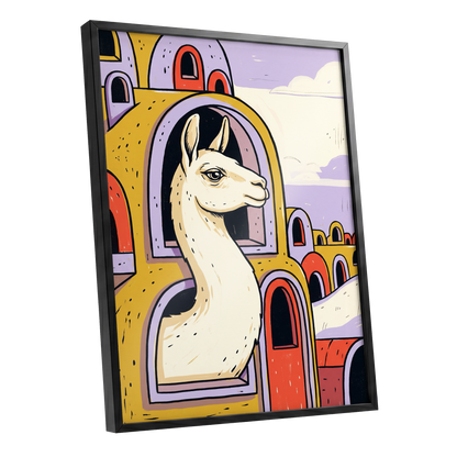 Llama in Lavender, gold, purple, beige nature wall art shown as a black framed poster wall art print