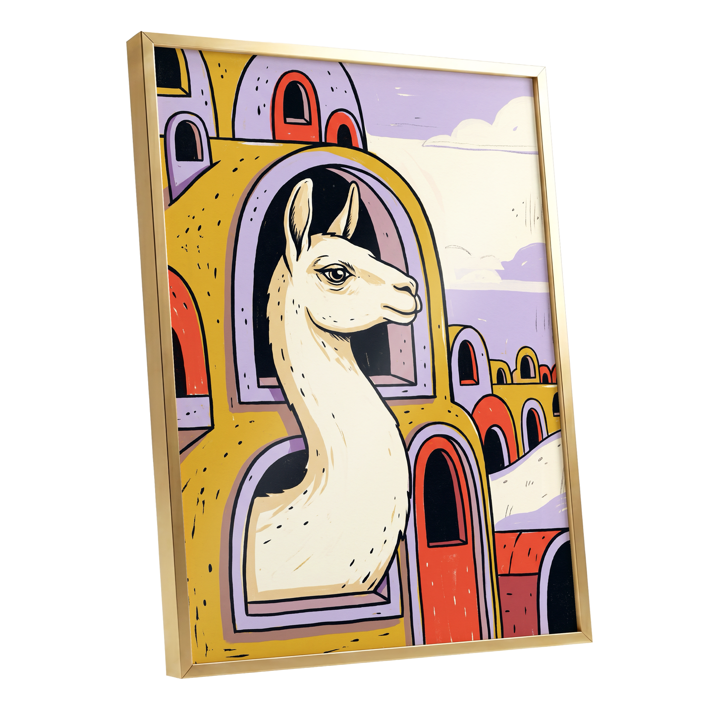 Llama in Lavender, gold, purple, beige nature wall art shown as a gold framed poster wall art print