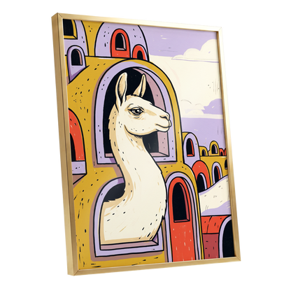 Llama in Lavender, gold, purple, beige nature wall art shown as a gold framed poster wall art print