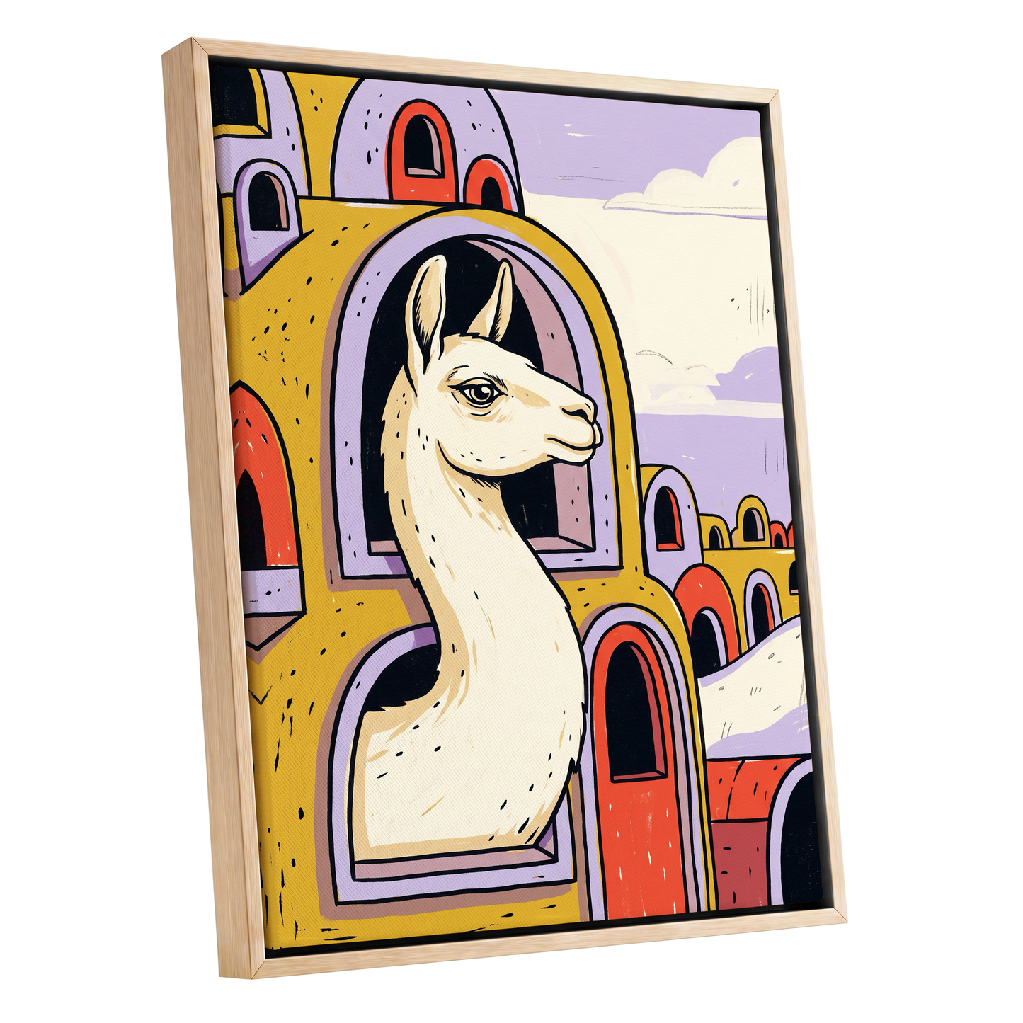 Llama in Lavender, gold, purple, beige nature wall art shown as a oak framed canvas wall art