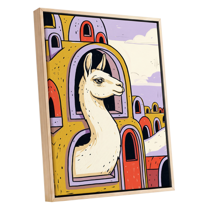 Llama in Lavender, gold, purple, beige nature wall art shown as a oak framed canvas wall art