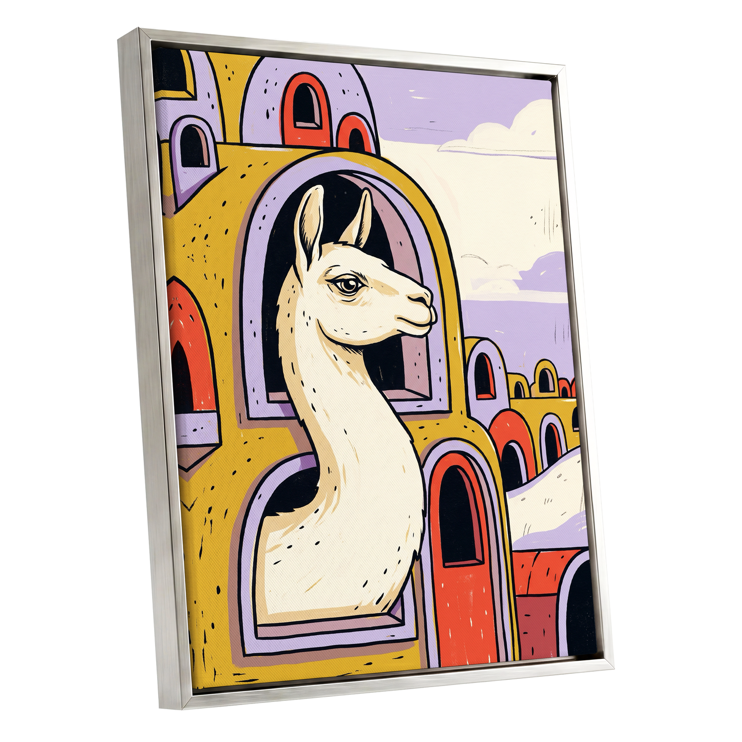 Llama in Lavender, gold, purple, beige nature wall art shown as a silver framed canvas wall art