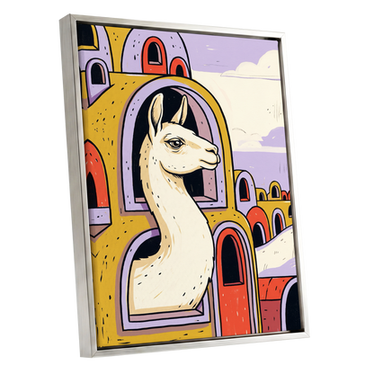 Llama in Lavender, gold, purple, beige nature wall art shown as a silver framed canvas wall art