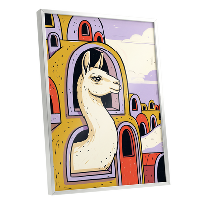 Llama in Lavender, gold, purple, beige nature wall art shown as a silver framed poster wall art print