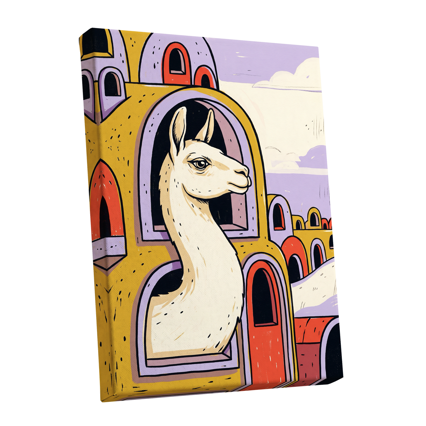 Llama in Lavender, gold, purple, beige nature wall art shown as a stretched canvas wall art