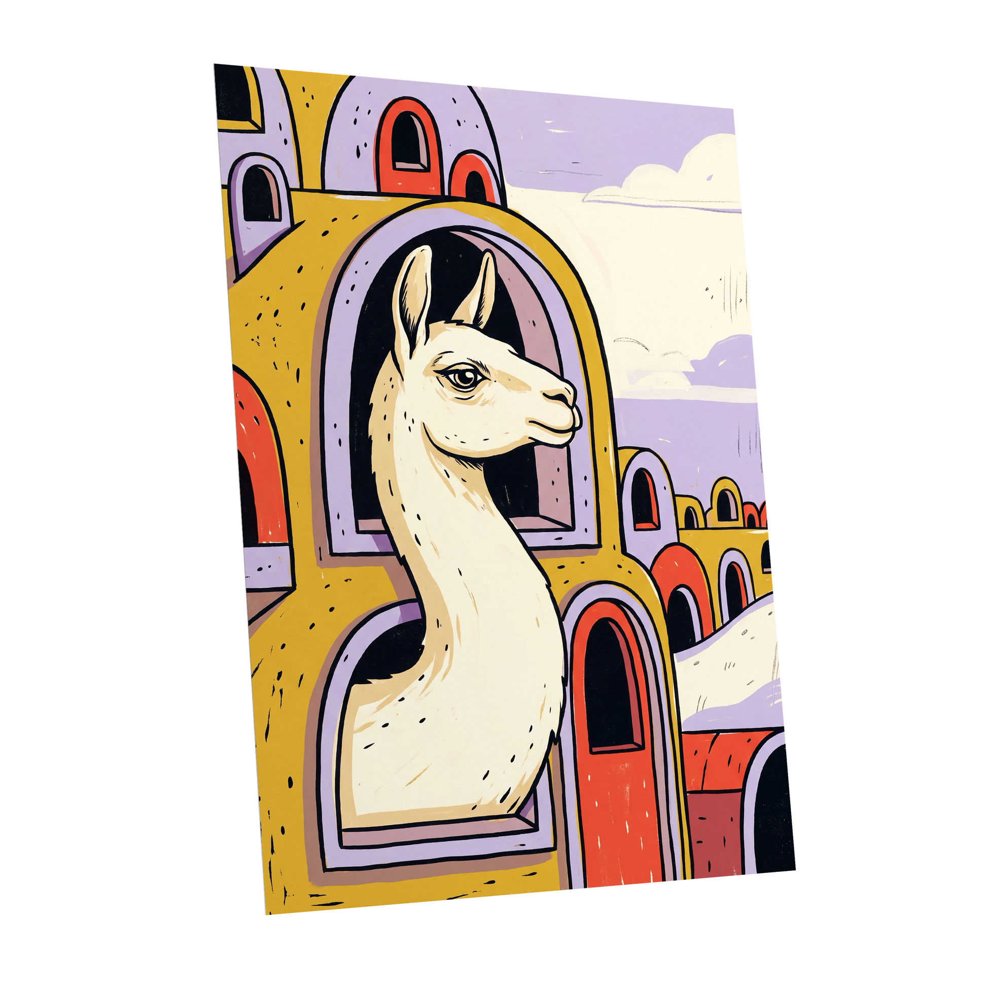 Llama in Lavender, gold, purple, beige nature wall art shown as a unframed poster wall art print