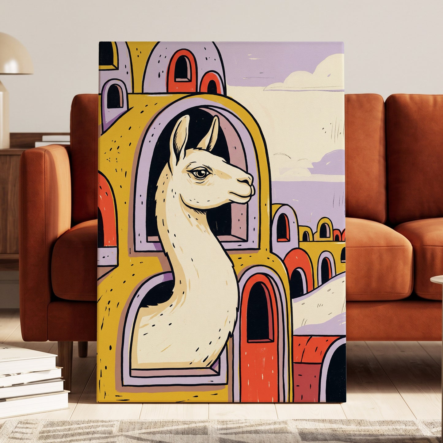 Llama in Lavender, gold, purple, beige nature wall art displayed in a styled interior, gallery view 3