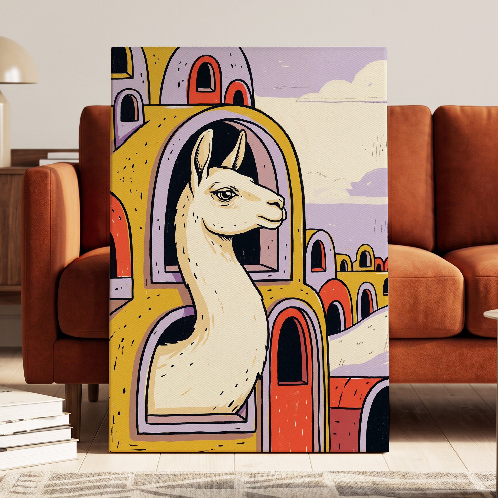 Llama in Lavender, gold, purple, beige nature wall art displayed in a styled interior, gallery view 3