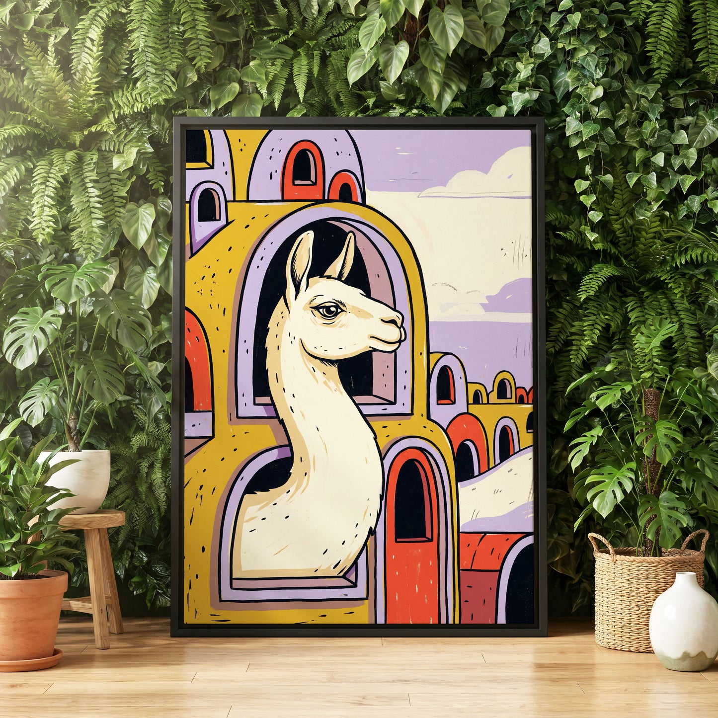 Llama in Lavender, gold, purple, beige nature wall art displayed in a styled interior, gallery view 4