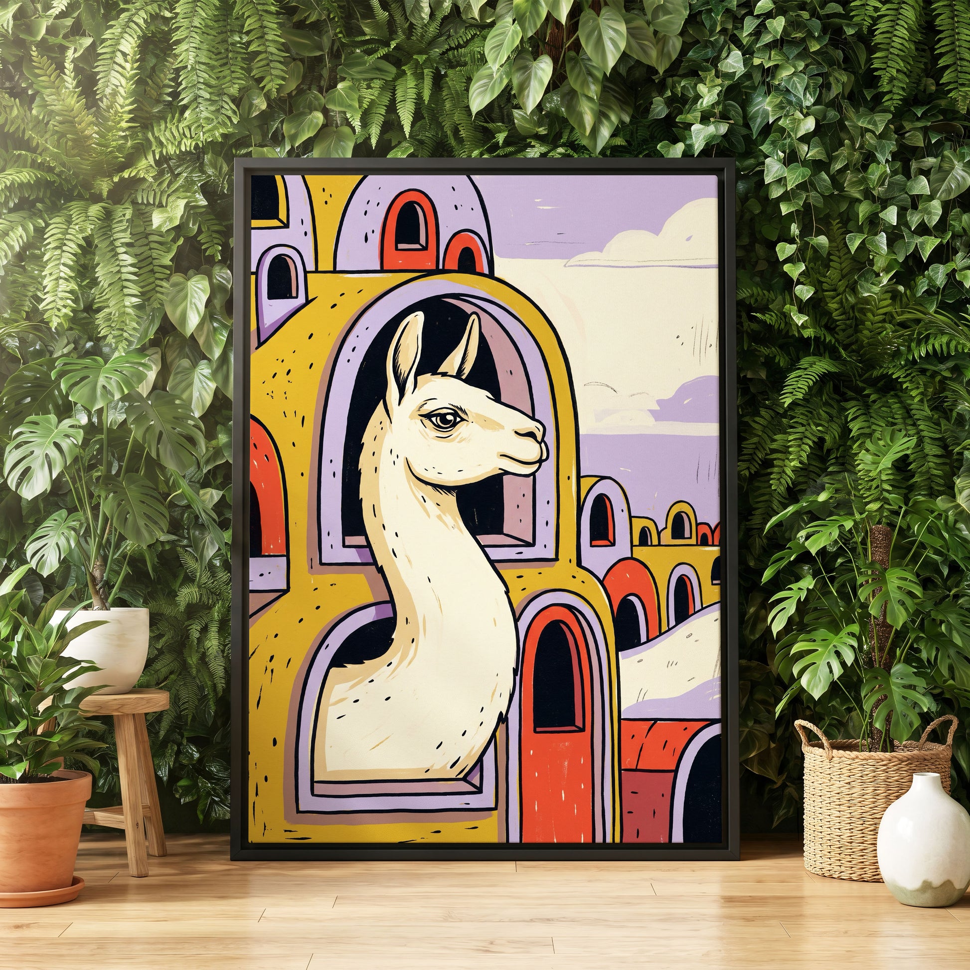 Llama in Lavender, gold, purple, beige nature wall art displayed in a styled interior, gallery view 4