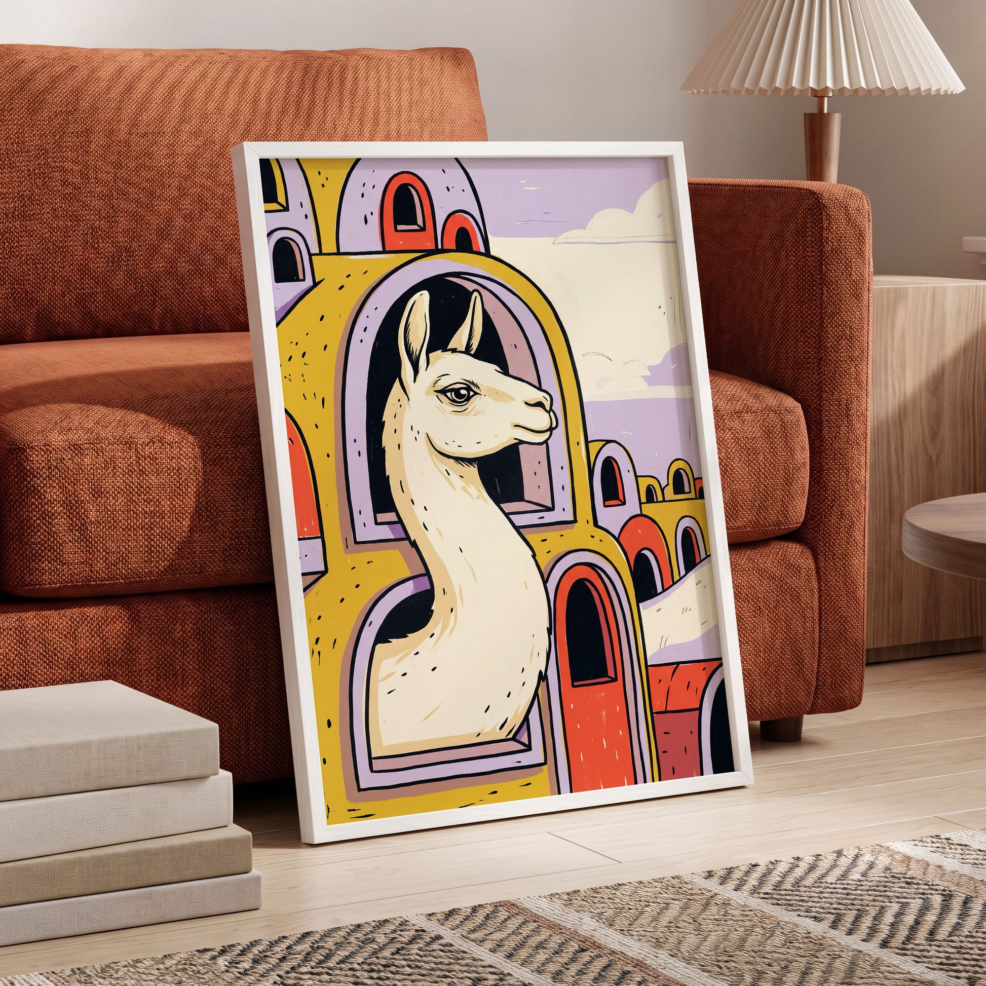 Llama in Lavender, gold, purple, beige nature wall art displayed in a styled interior, gallery view 6