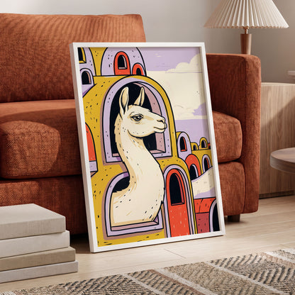 Llama in Lavender, gold, purple, beige nature wall art displayed in a styled interior, gallery view 6