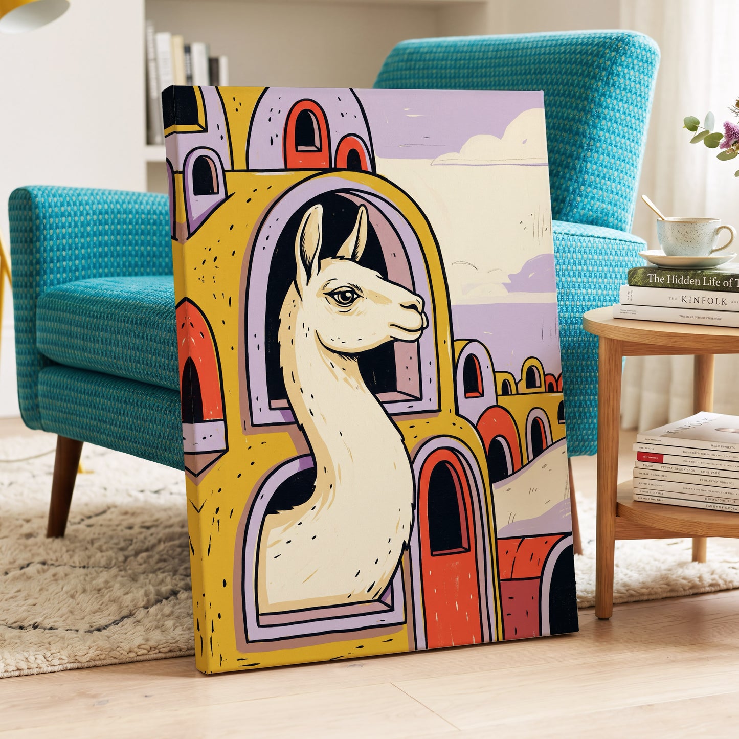 Llama in Lavender, gold, purple, beige nature wall art displayed in a styled interior, gallery view 7