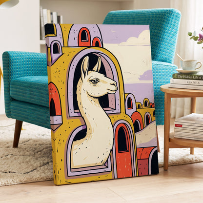 Llama in Lavender, gold, purple, beige nature wall art displayed in a styled interior, gallery view 7