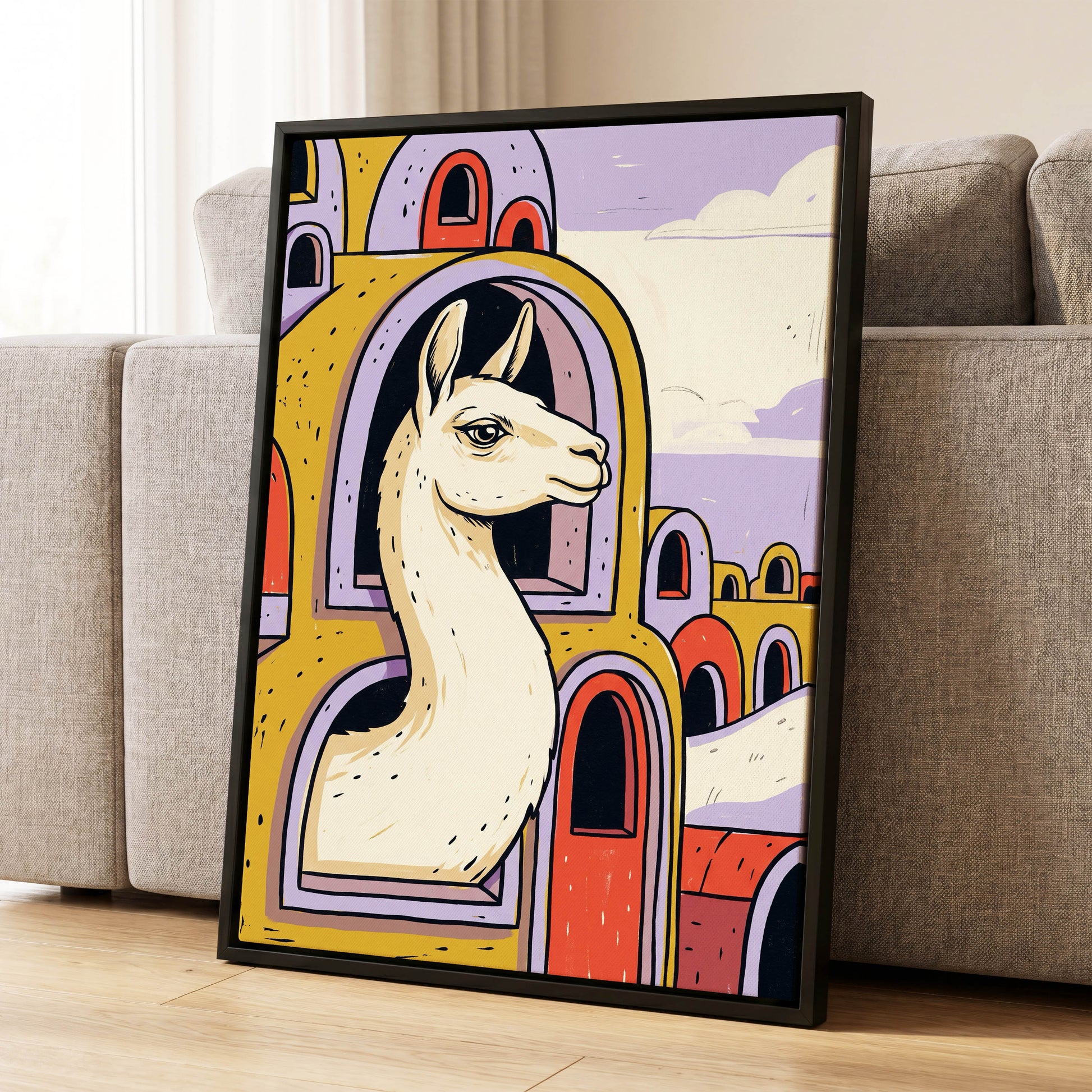 Llama in Lavender, gold, purple, beige nature wall art displayed in a styled interior, gallery view 8