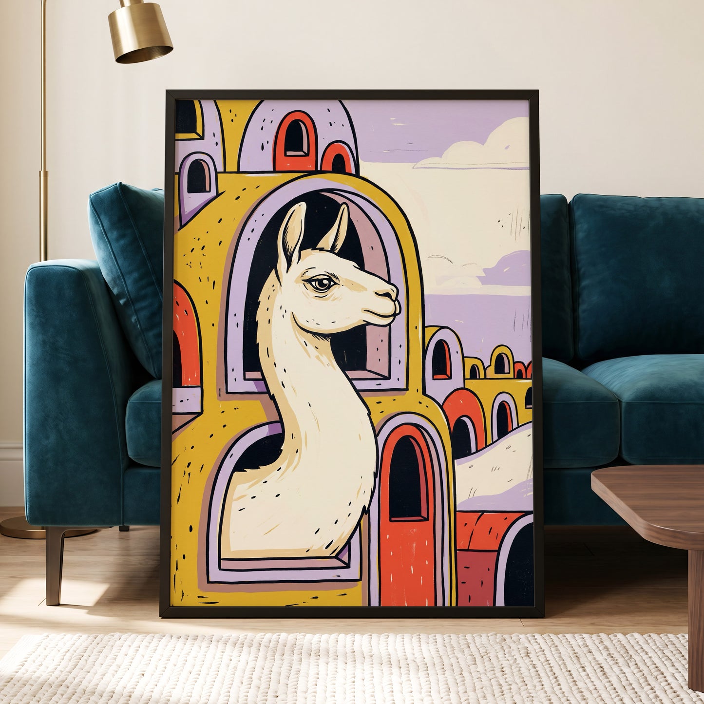 Llama in Lavender, gold, purple, beige nature wall art displayed in a styled interior, gallery view 9