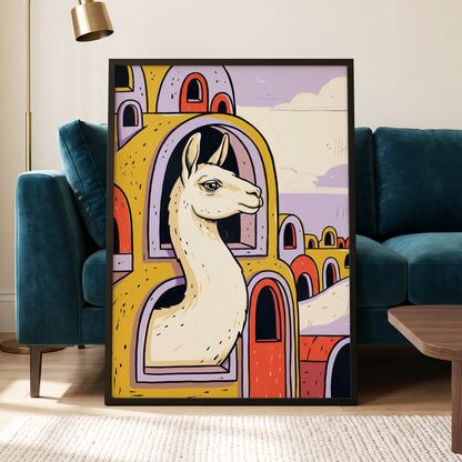 Llama in Lavender, gold, purple, beige nature wall art displayed in a styled interior, gallery view 9