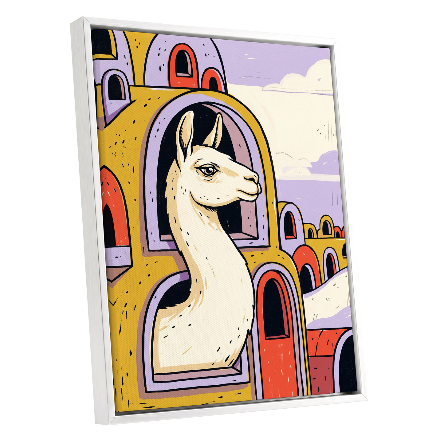 Llama in Lavender, gold, purple, beige nature wall art shown as a white framed canvas wall art