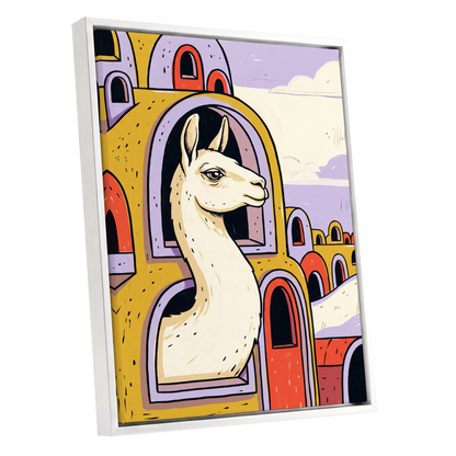 Llama in Lavender, gold, purple, beige nature wall art shown as a white framed canvas wall art