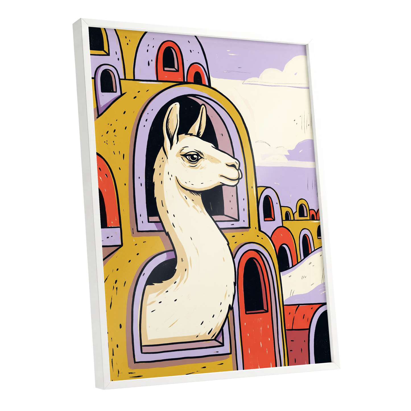 Llama in Lavender, gold, purple, beige nature wall art shown as a white framed poster wall art print