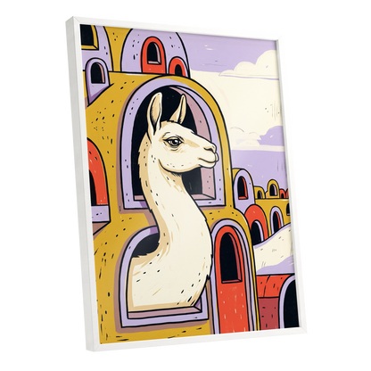 Llama in Lavender, gold, purple, beige nature wall art shown as a white framed poster wall art print