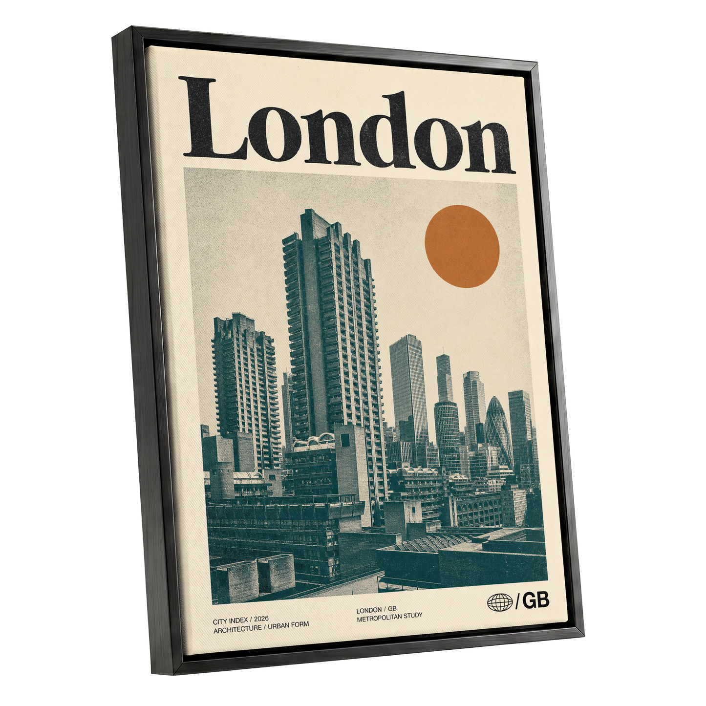 London Modernist Index, green, beige, orange minimalist wall art shown as a black framed canvas wall art