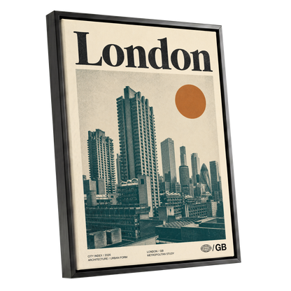 London Modernist Index, green, beige, orange minimalist wall art shown as a black framed canvas wall art