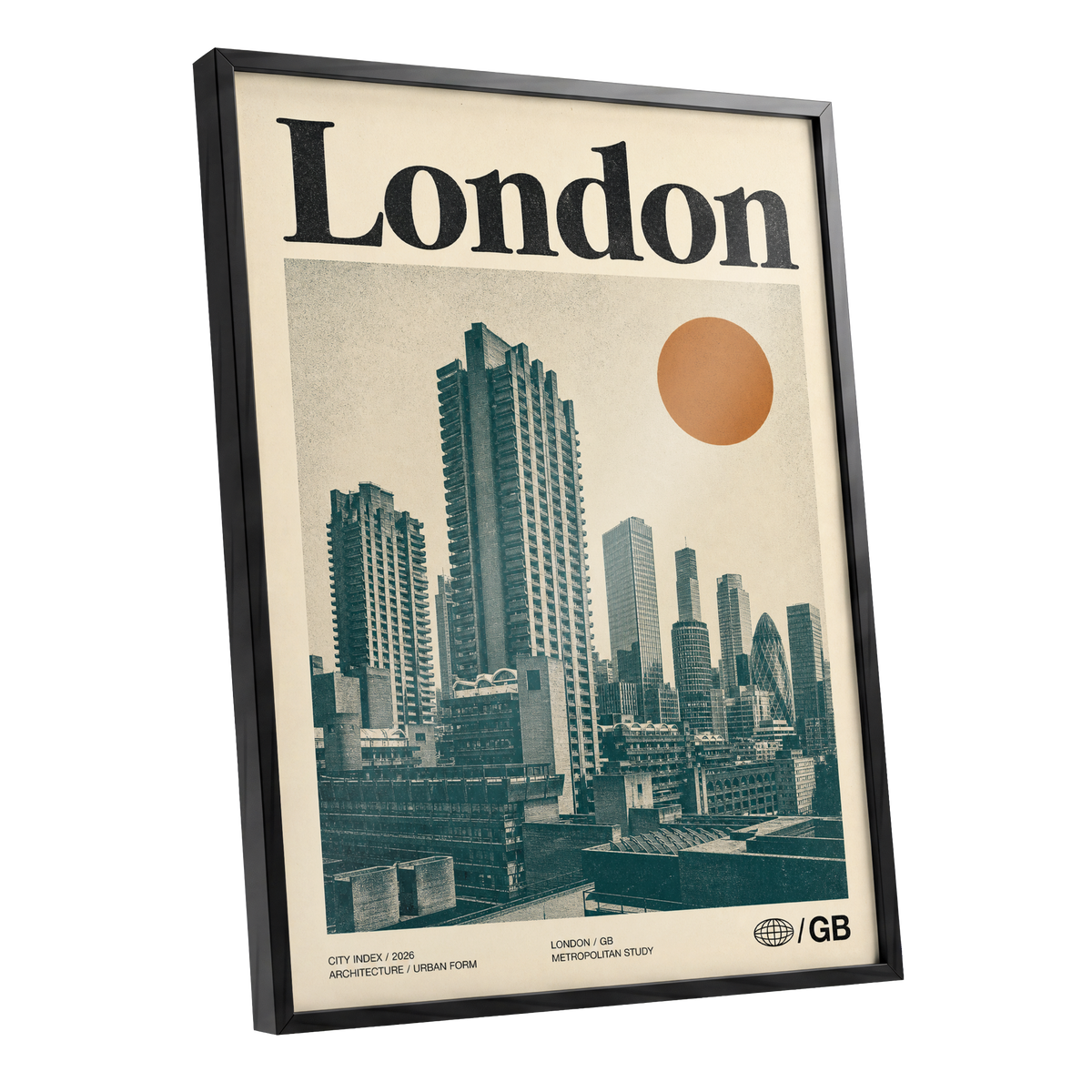 London Modernist Index, green, beige, orange minimalist wall art shown as a black framed poster wall art print