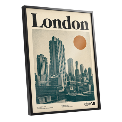 London Modernist Index, green, beige, orange minimalist wall art shown as a black framed poster wall art print