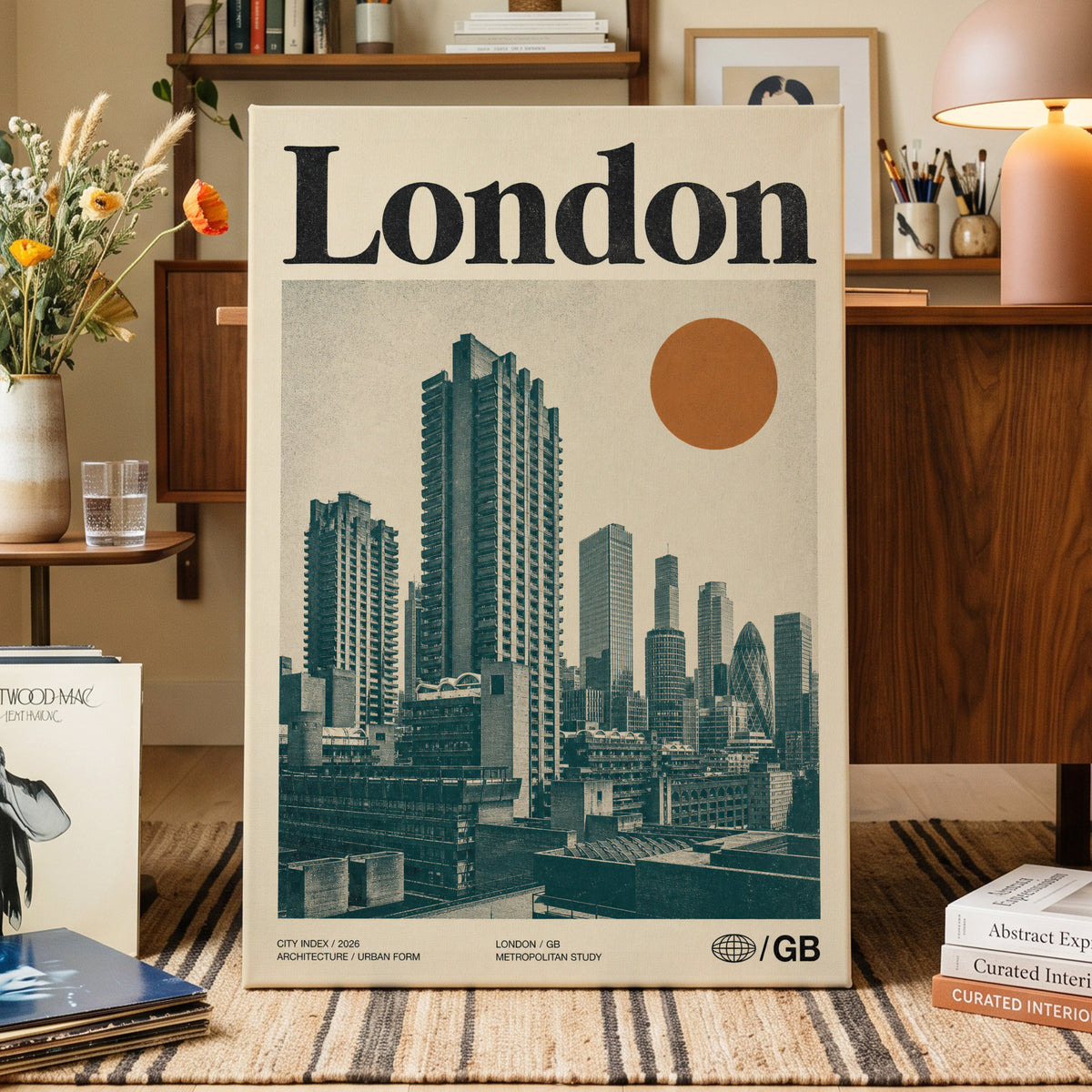 London Modernist Index, green, beige, orange minimalist wall art on canvas displayed in a styled interior, gallery view 1