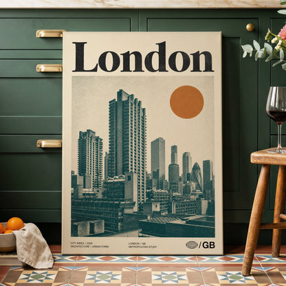 London Modernist Index, green, beige, orange minimalist wall art on canvas displayed in a styled interior, gallery view 2