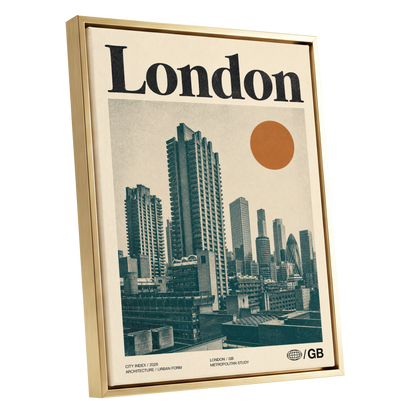 London Modernist Index, green, beige, orange minimalist wall art shown as a gold framed canvas wall art