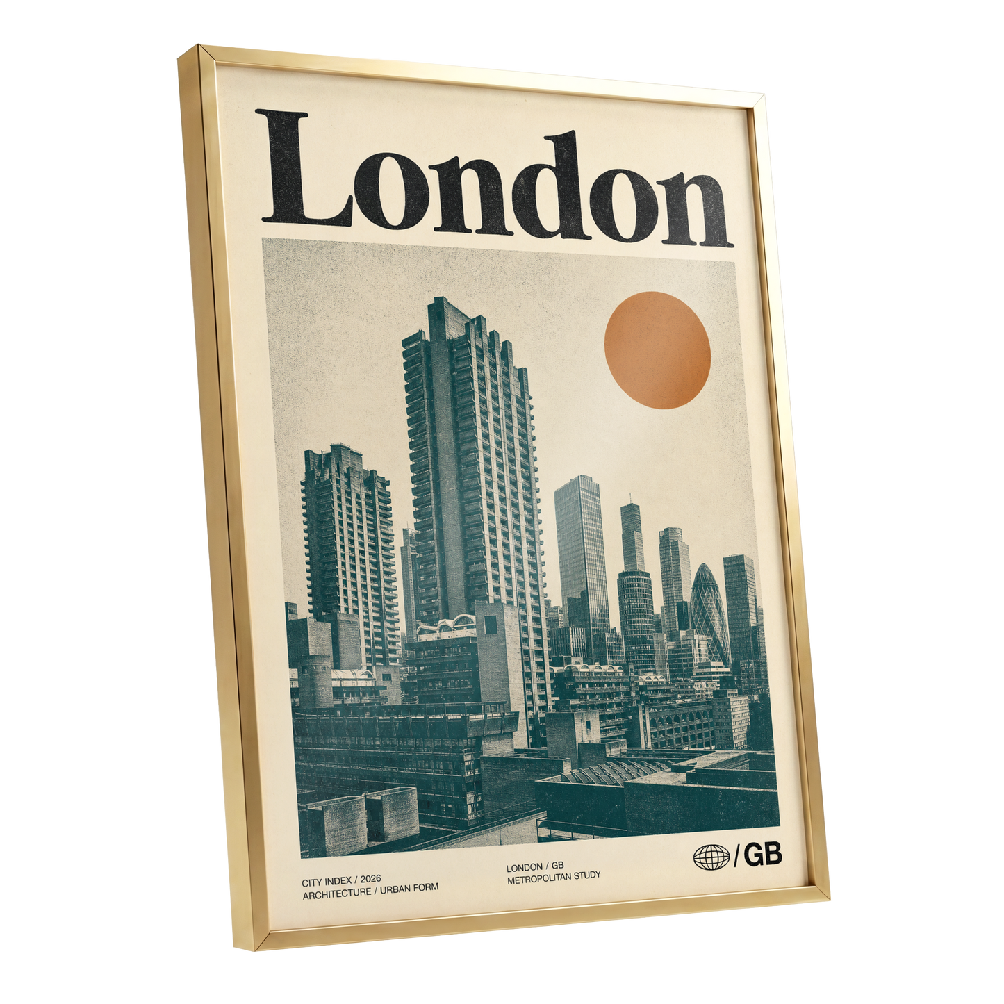 London Modernist Index, green, beige, orange minimalist wall art shown as a gold framed poster wall art print