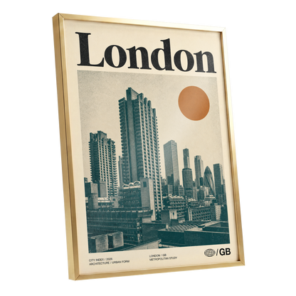 London Modernist Index, green, beige, orange minimalist wall art shown as a gold framed poster wall art print