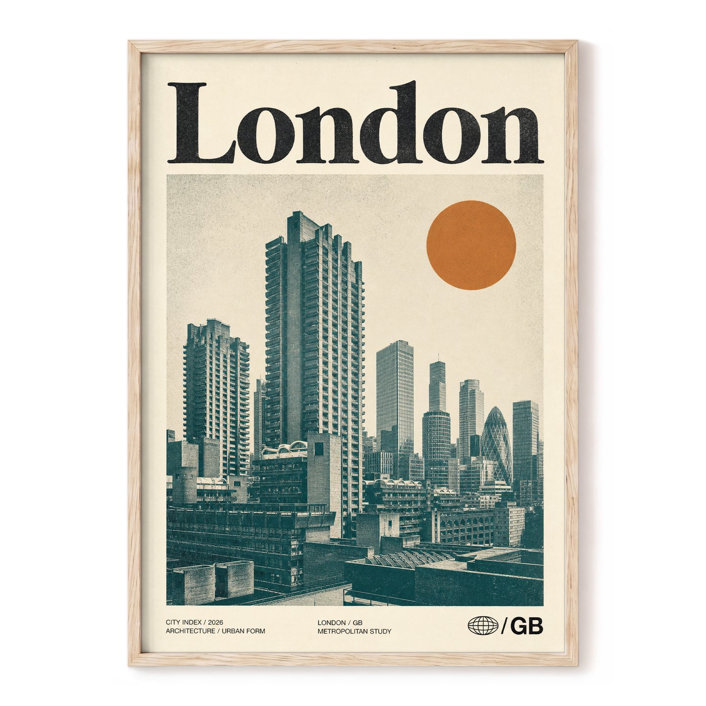 London Modernist Index, green, beige, orange minimalist wall art, front artwork view