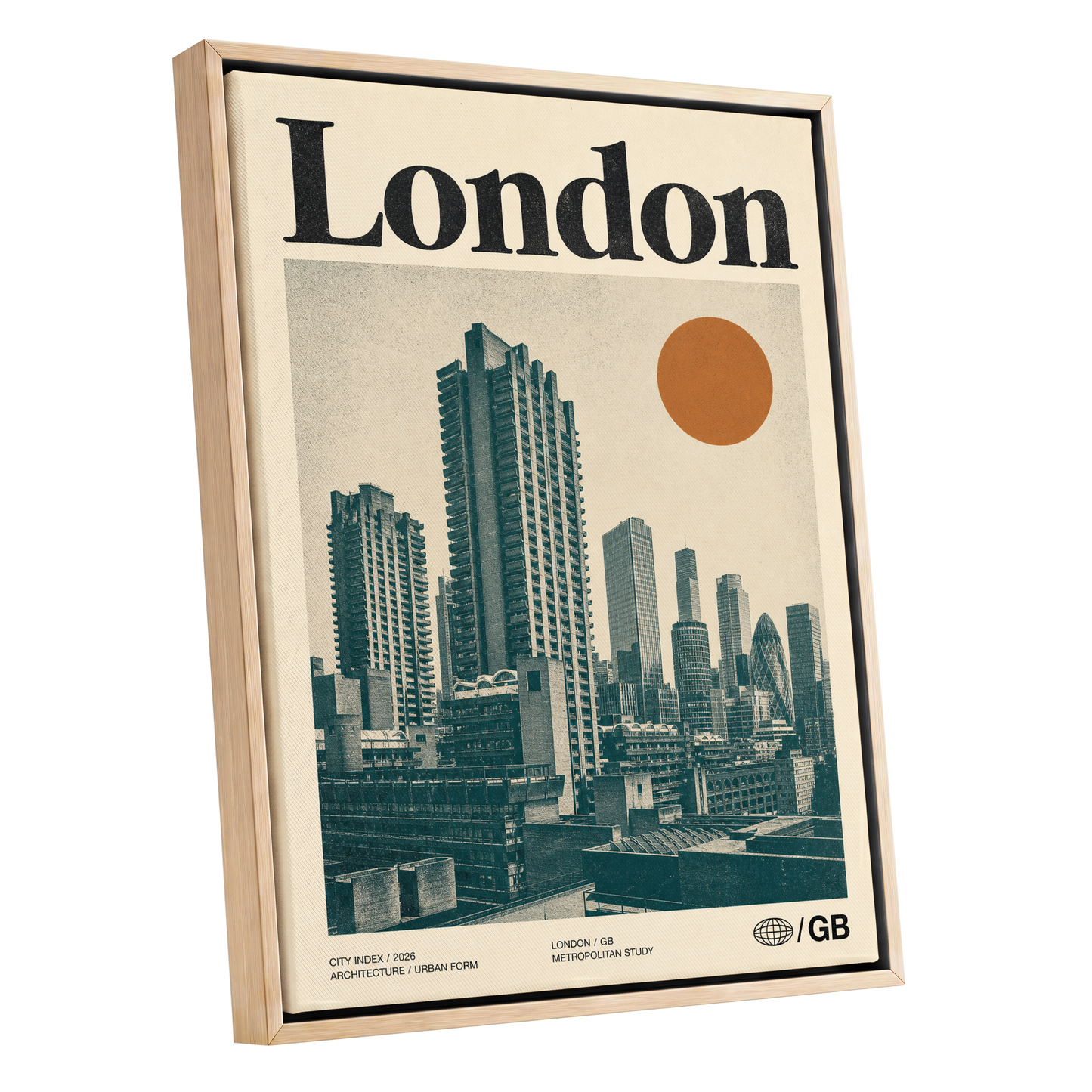 London Modernist Index, green, beige, orange minimalist wall art shown as a oak framed canvas wall art