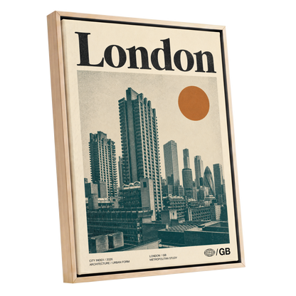 London Modernist Index, green, beige, orange minimalist wall art shown as a oak framed canvas wall art