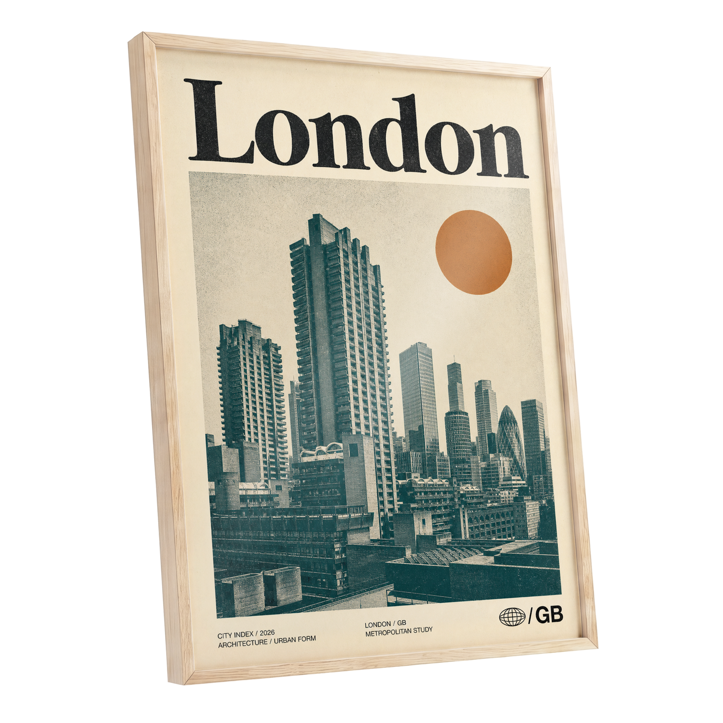 London Modernist Index, green, beige, orange minimalist wall art shown as a oak framed poster wall art print