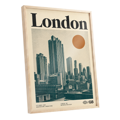 London Modernist Index, green, beige, orange minimalist wall art shown as a oak framed poster wall art print