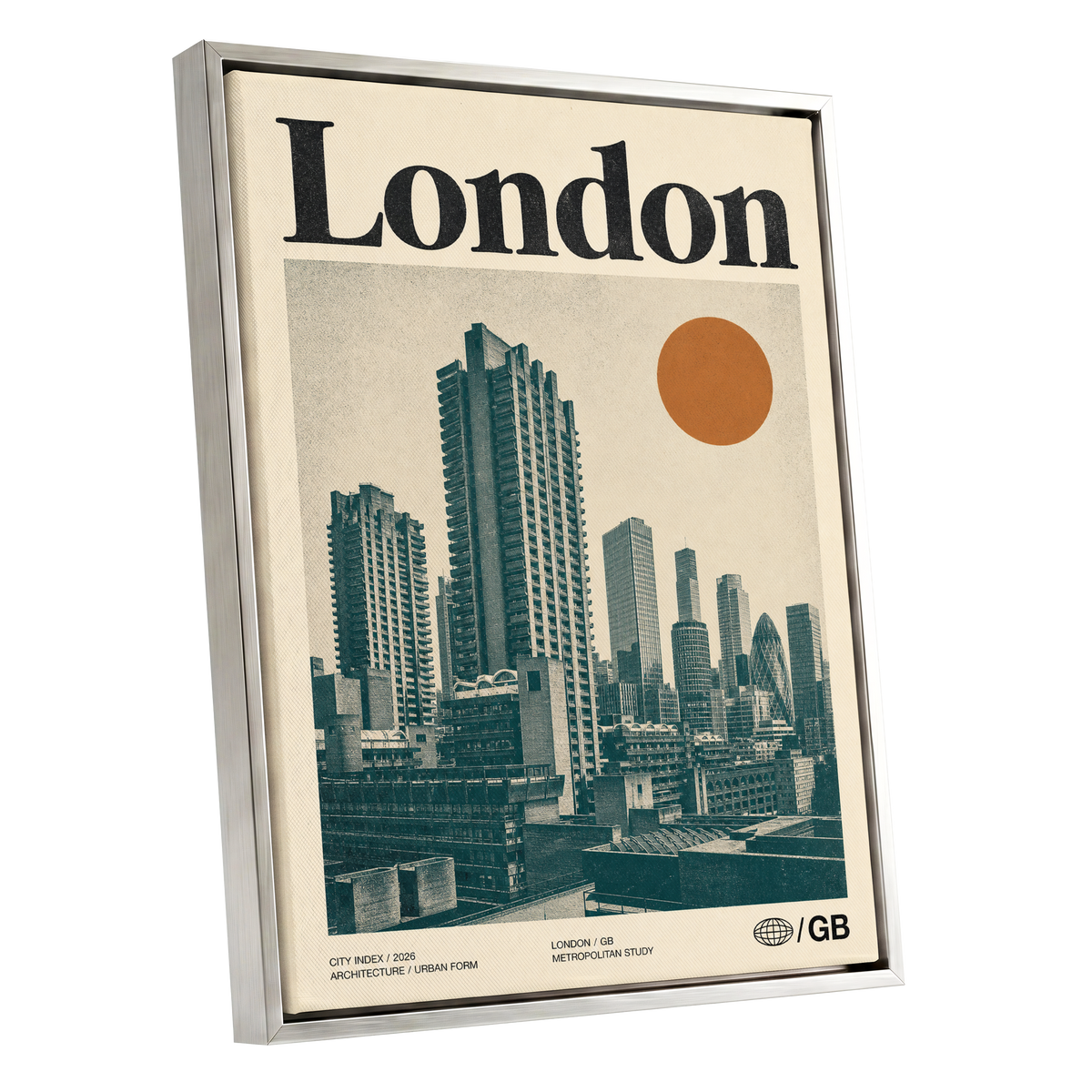 London Modernist Index, green, beige, orange minimalist wall art shown as a silver framed canvas wall art