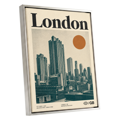 London Modernist Index, green, beige, orange minimalist wall art shown as a silver framed canvas wall art