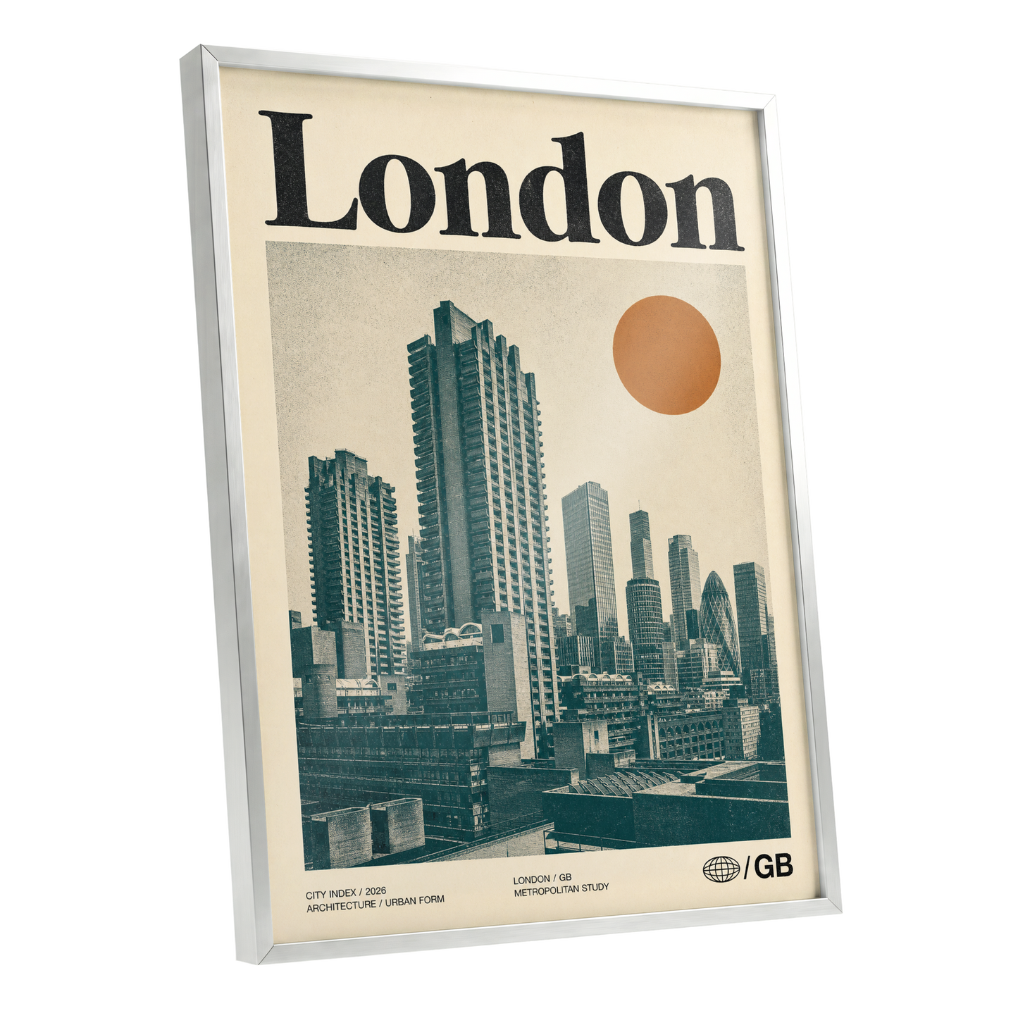 London Modernist Index, green, beige, orange minimalist wall art shown as a silver framed poster wall art print