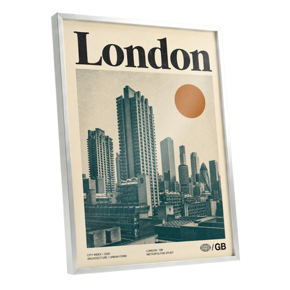London Modernist Index, green, beige, orange minimalist wall art shown as a silver framed poster wall art print